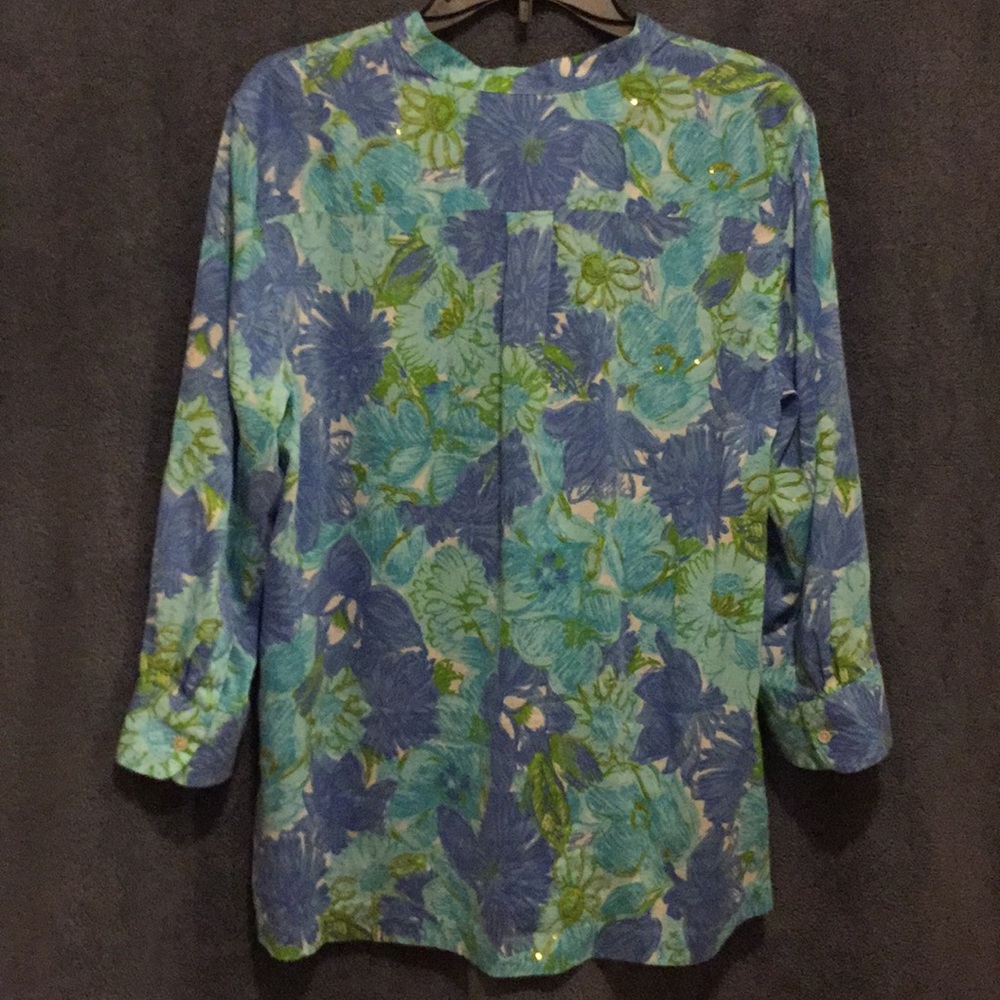 Talbots Large multi Blue Green flowers Blouse - Picture 3 of 6